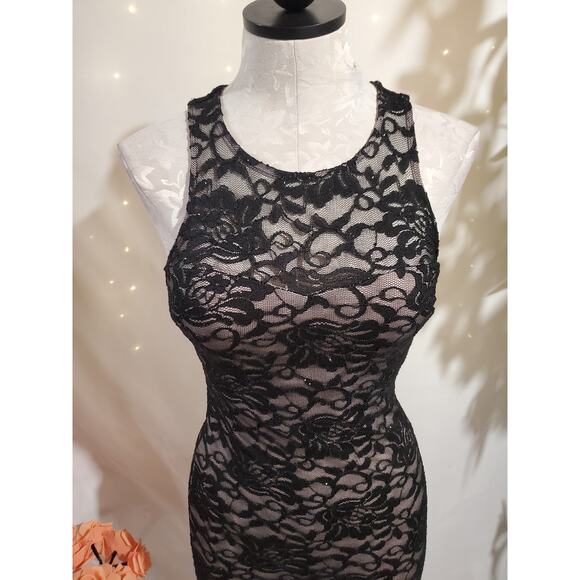 Vtg My Michelle Lace Sparkle Sheer Overlay Open Back Bodycon Dress 3 Y2K Black - Picture 5 of 14